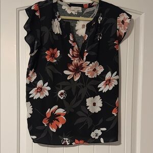 LOFT Black Pink Ruffled Cap Sleeve Blouse